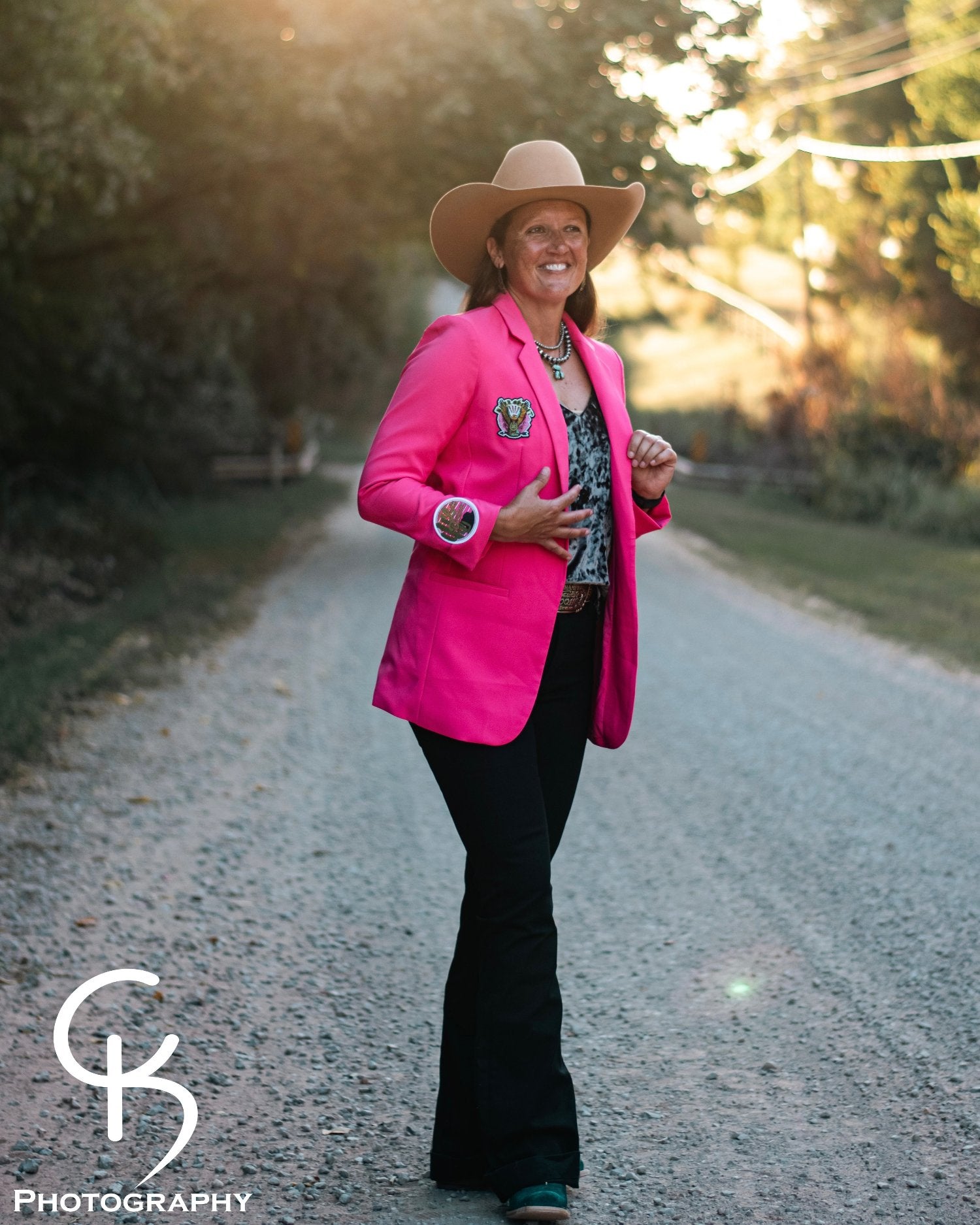 One Pretty in Pink Cowgirl Blazer on model