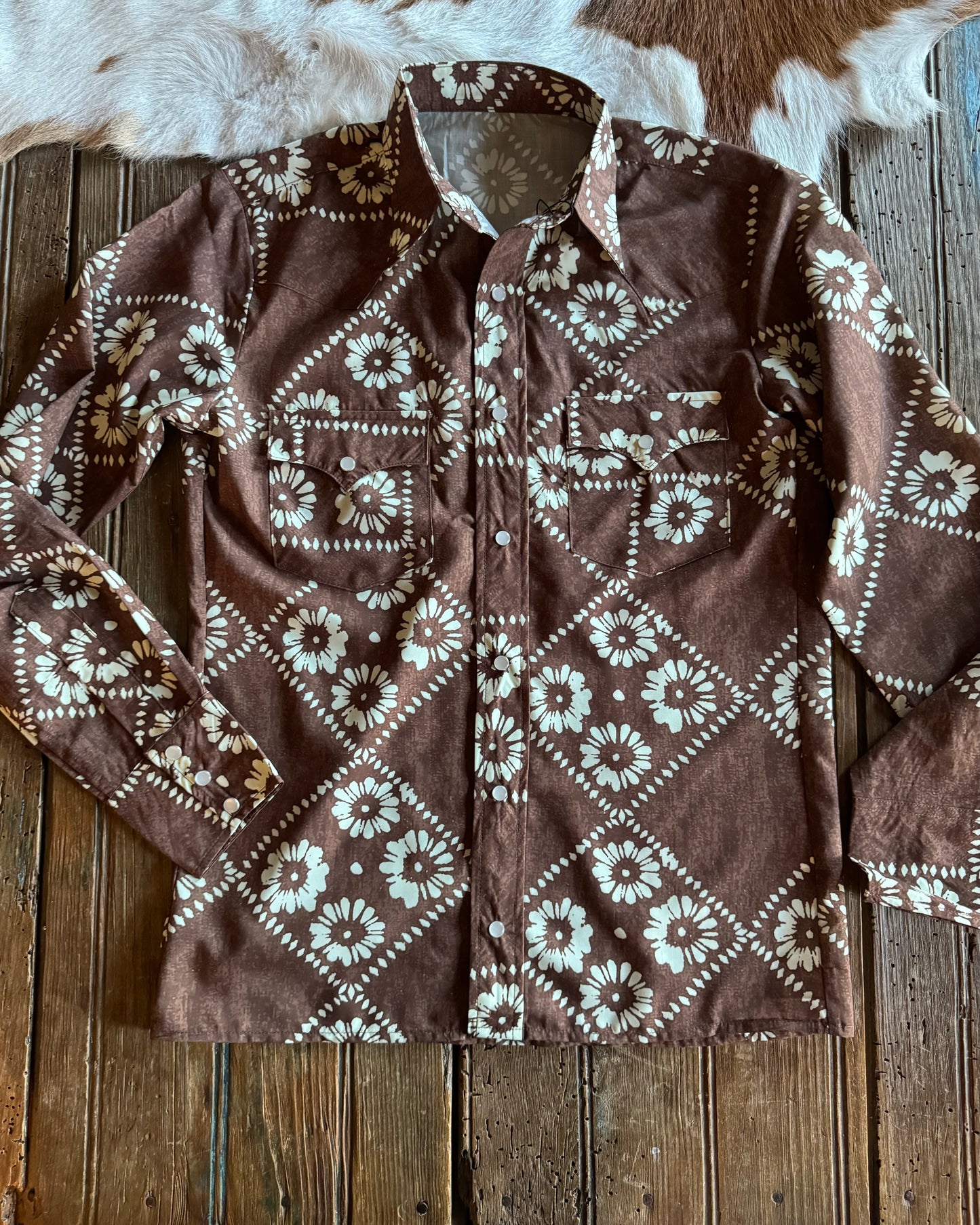 Kalei Vintage Brown Floral Style Pearl Snap Shirt