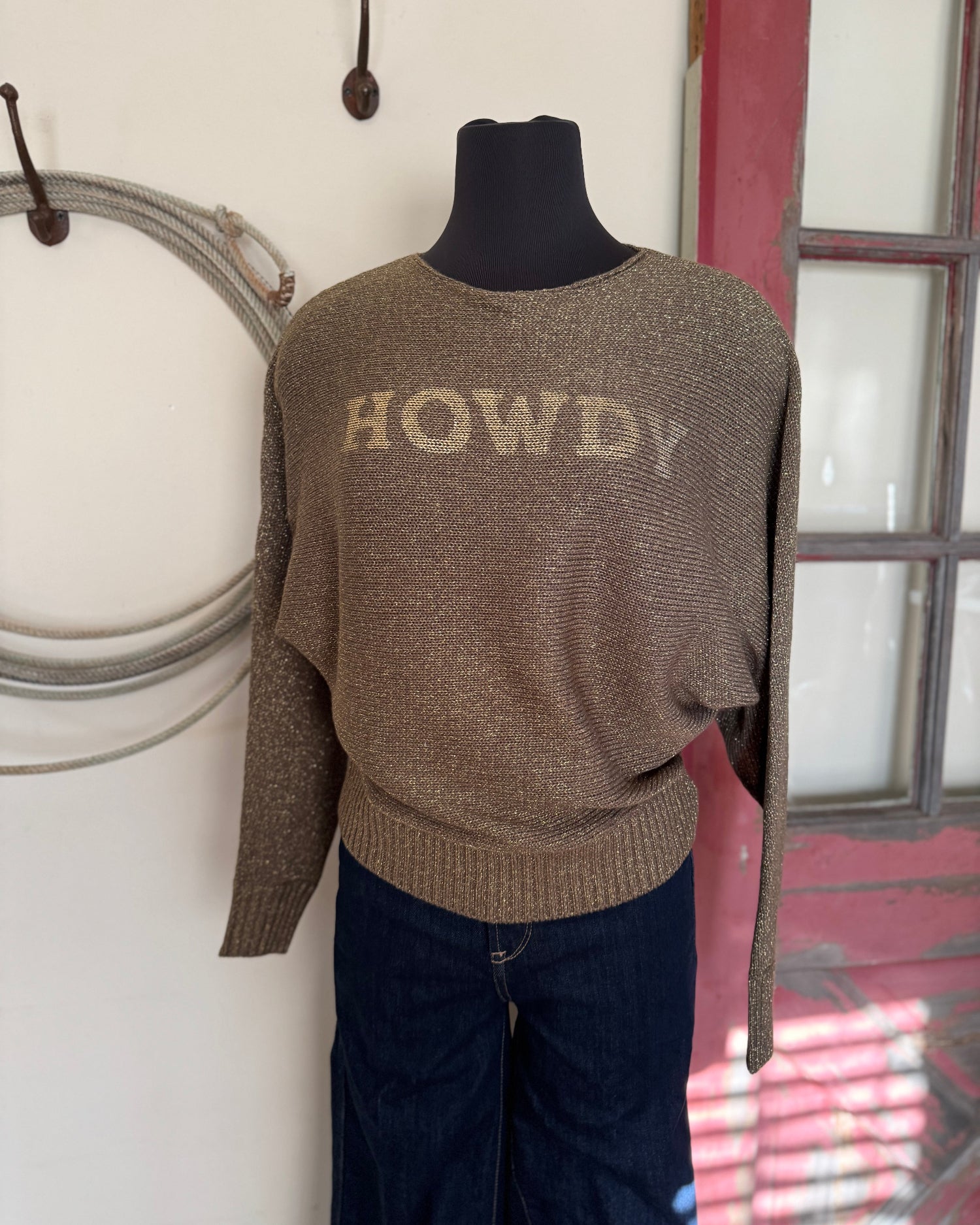 Brown sweater with 'HOWDY' text on a mannequin against a neutral wall.