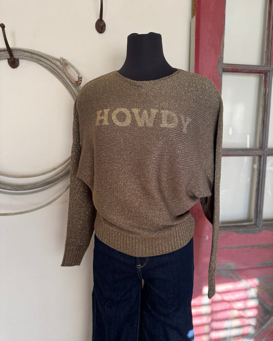 Brown sweater with 'HOWDY' text on a mannequin against a neutral wall.