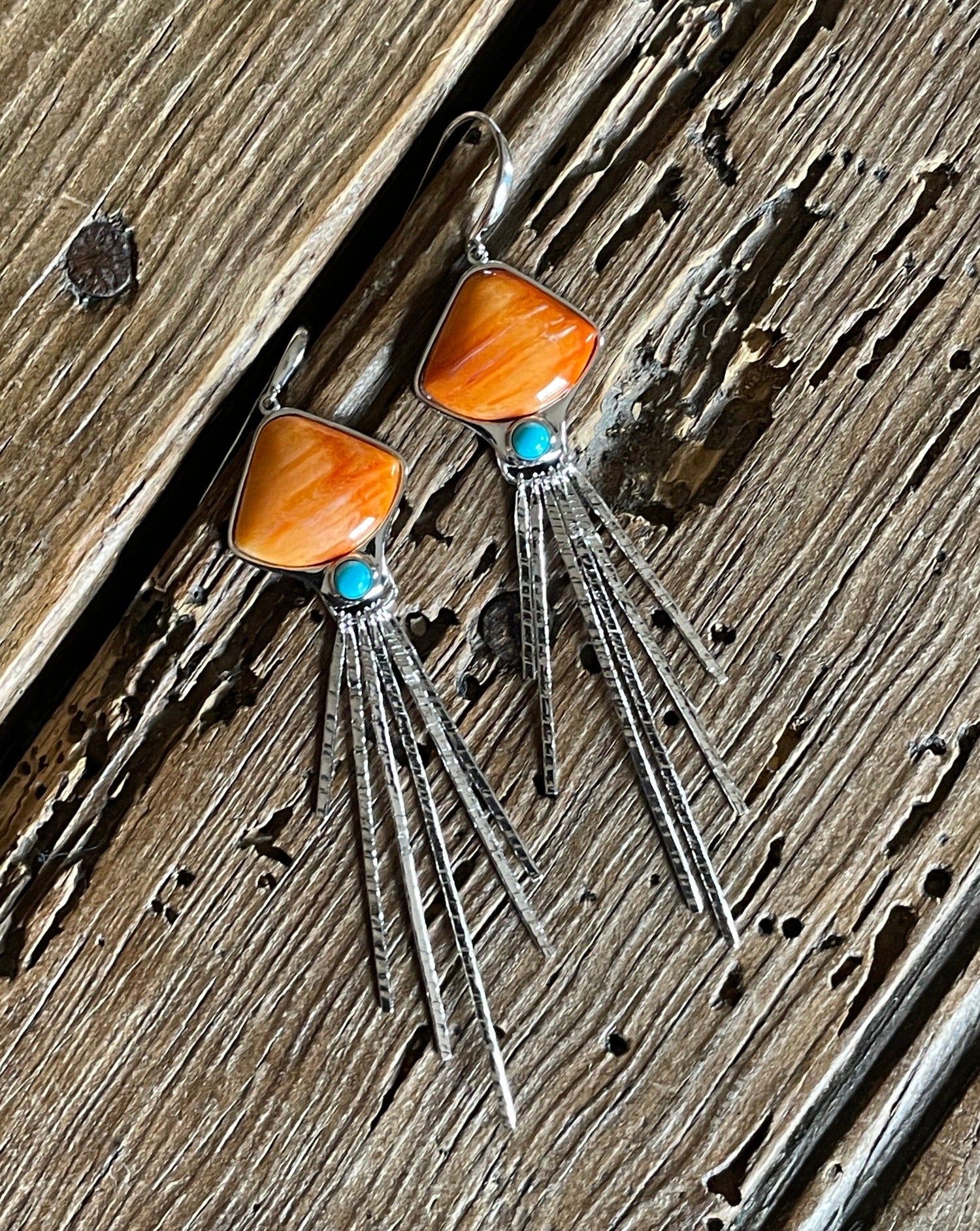 Sterling silver dangle earrings with Orange Spiny main stone and small turquoise secondary stone