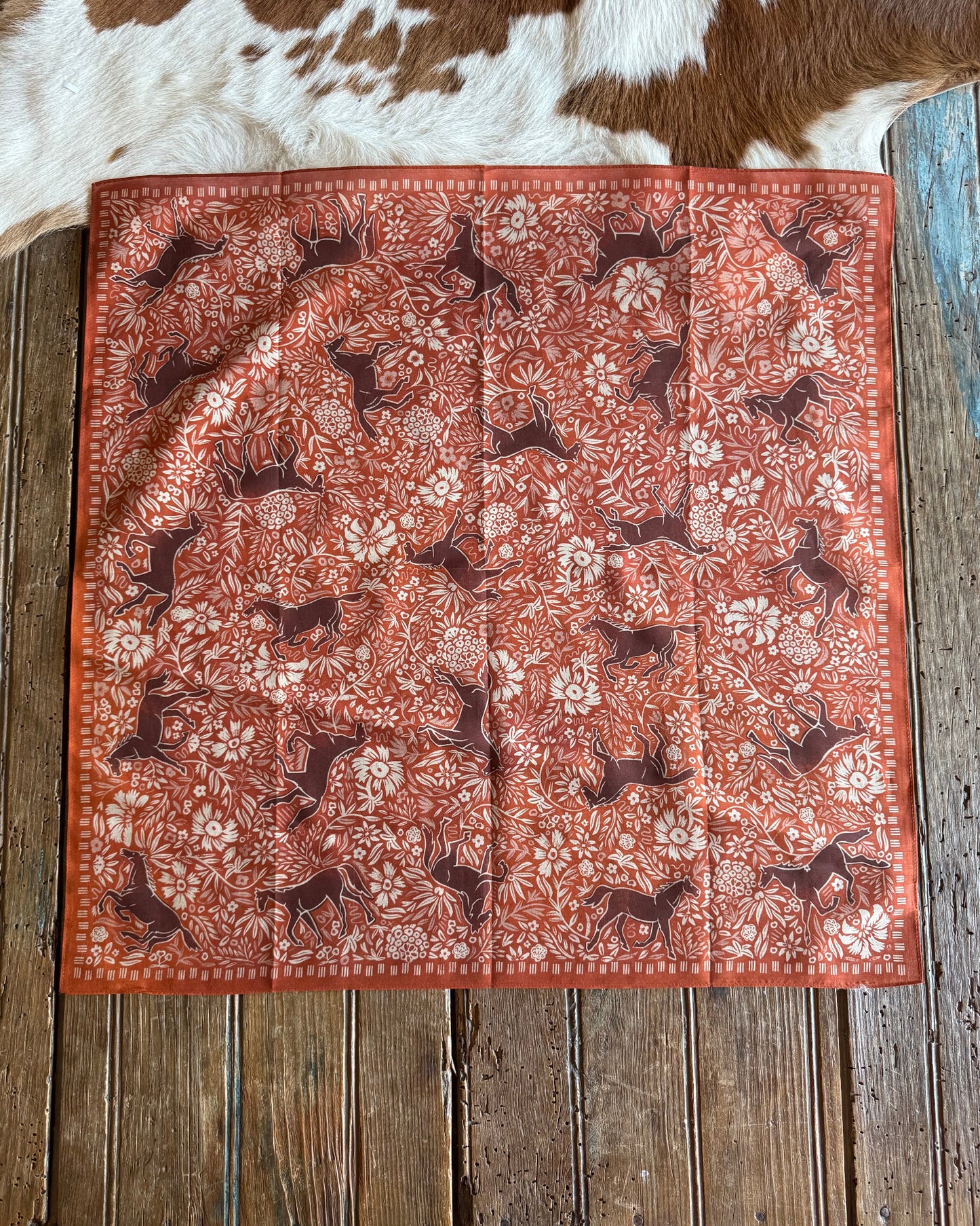 Block Print Horses Shorty Scarf on rustic wood background 