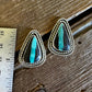 Pair of silver earrings with turquoise stones on a wooden surface with a ruler for scale.