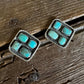 Pair of turquoise stone earrings on a wooden surface