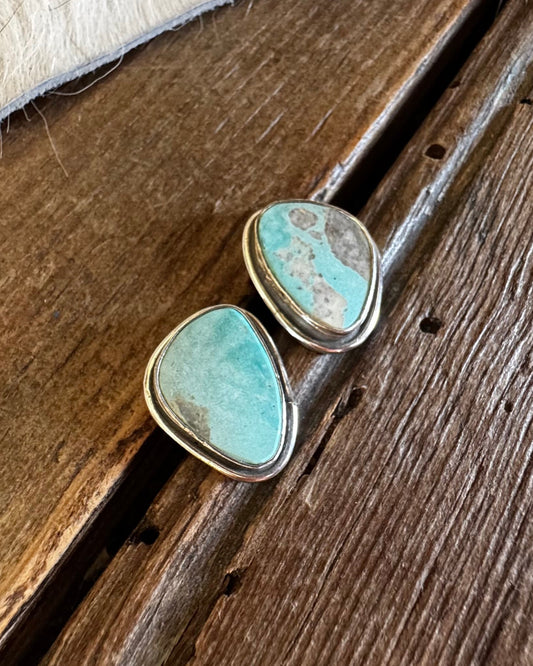 Turquoise stone earrings on a wooden surface with fur in the background