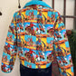 Colorful patterned coat on a mannequin with a neutral background