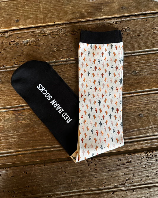 Two pairs of socks, one black and one with cactus pattern, on a wooden surface.