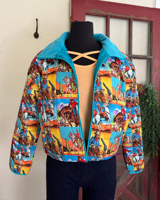 Colorful quilt coat with cartoon characters on a mannequin against a door background