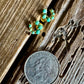 turquoise and gold horseshoe earrings on a rustic wooden background with a quarter