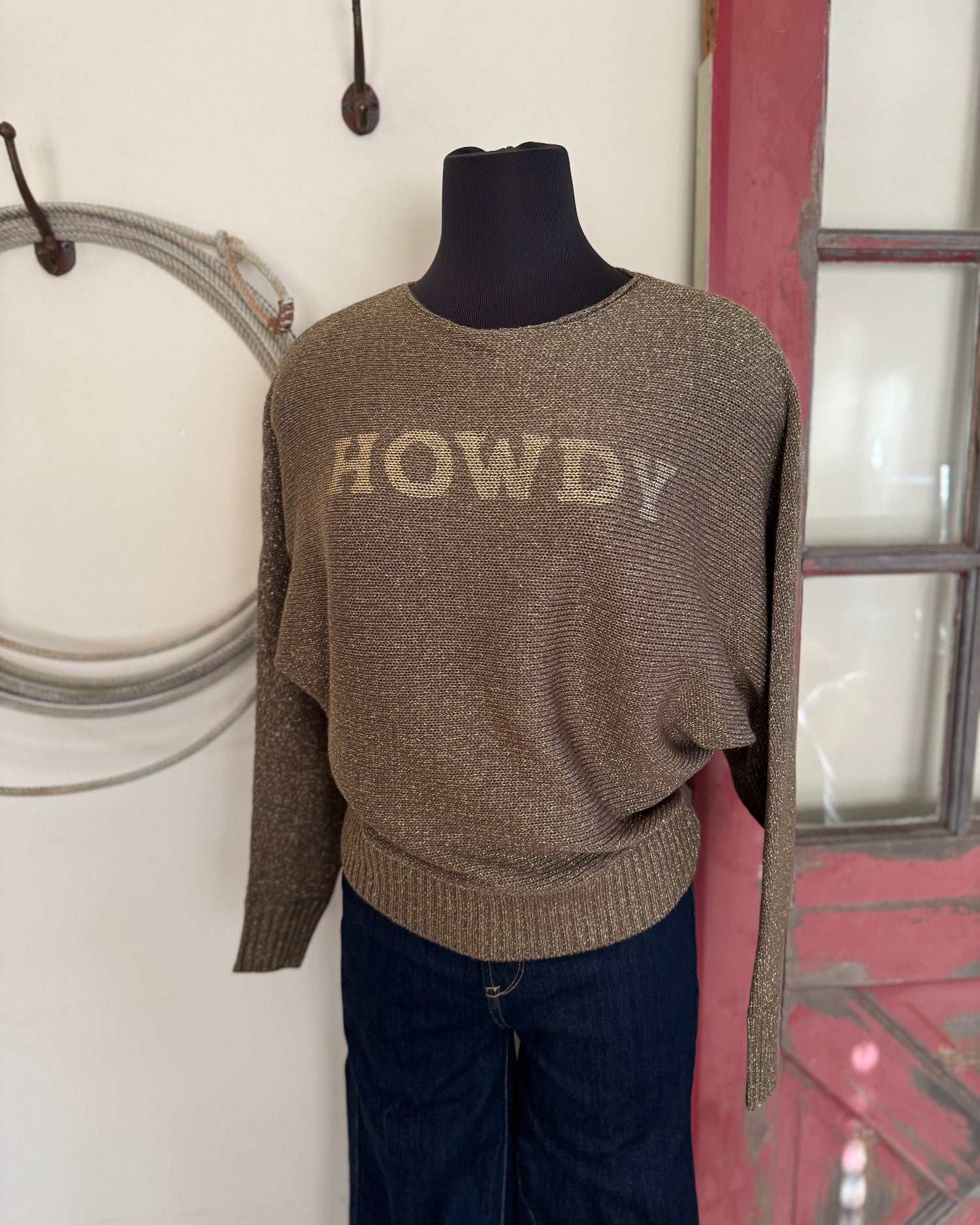 Brown sweater with 'HOWDY' text on a mannequin against a white wall.