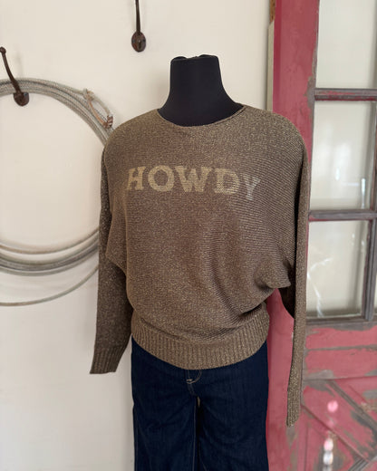 Brown sweater with 'HOWDY' text on a mannequin against a white wall.