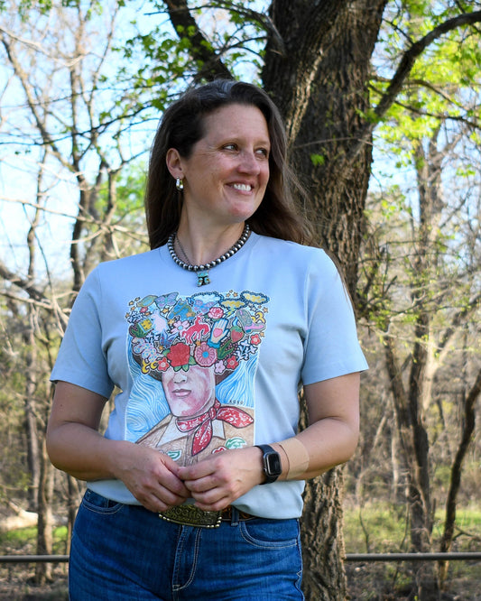 Random Thoughts Tee on model with wooded background