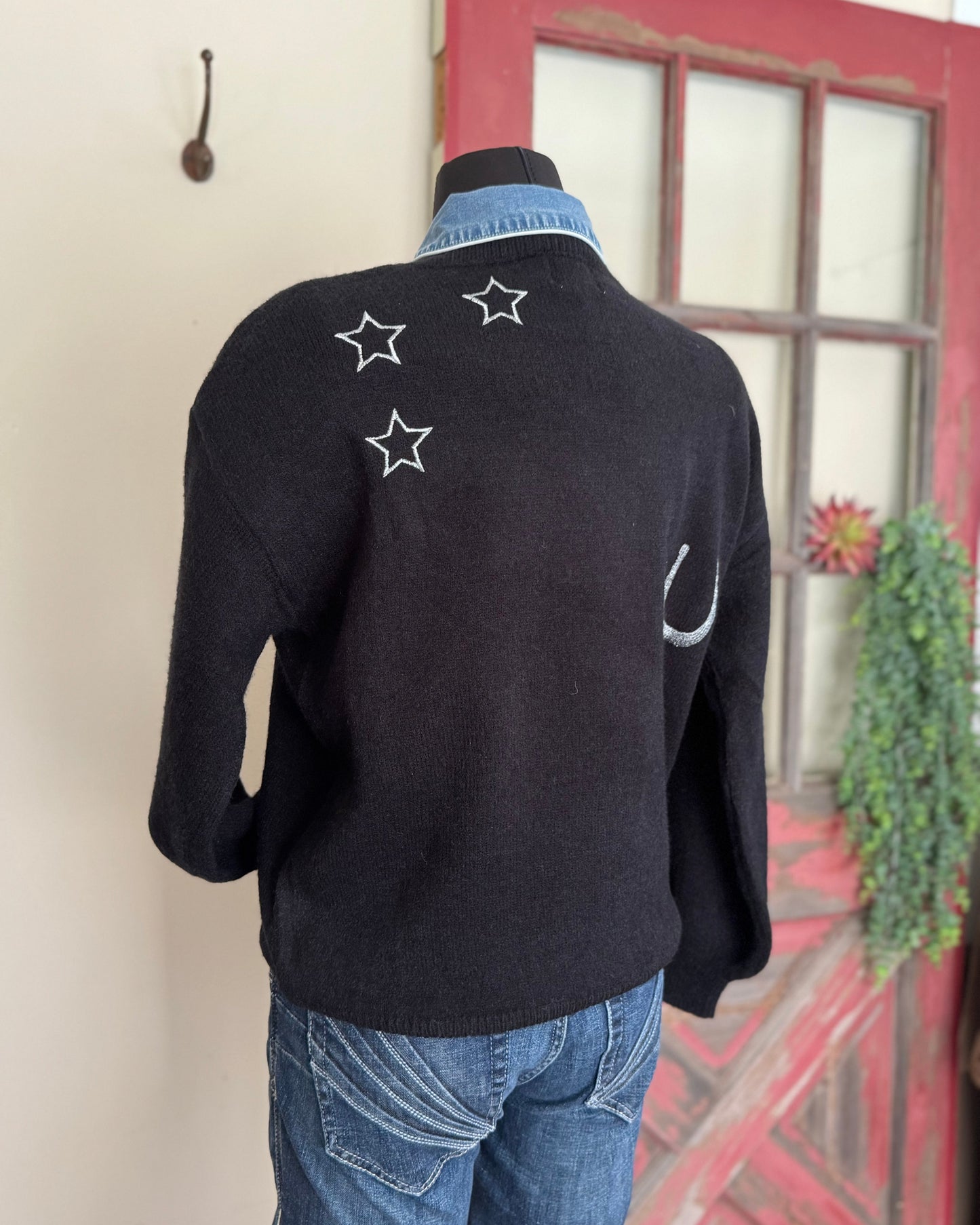 Mannequin wearing a black sweater with star patterns in front of a red door.