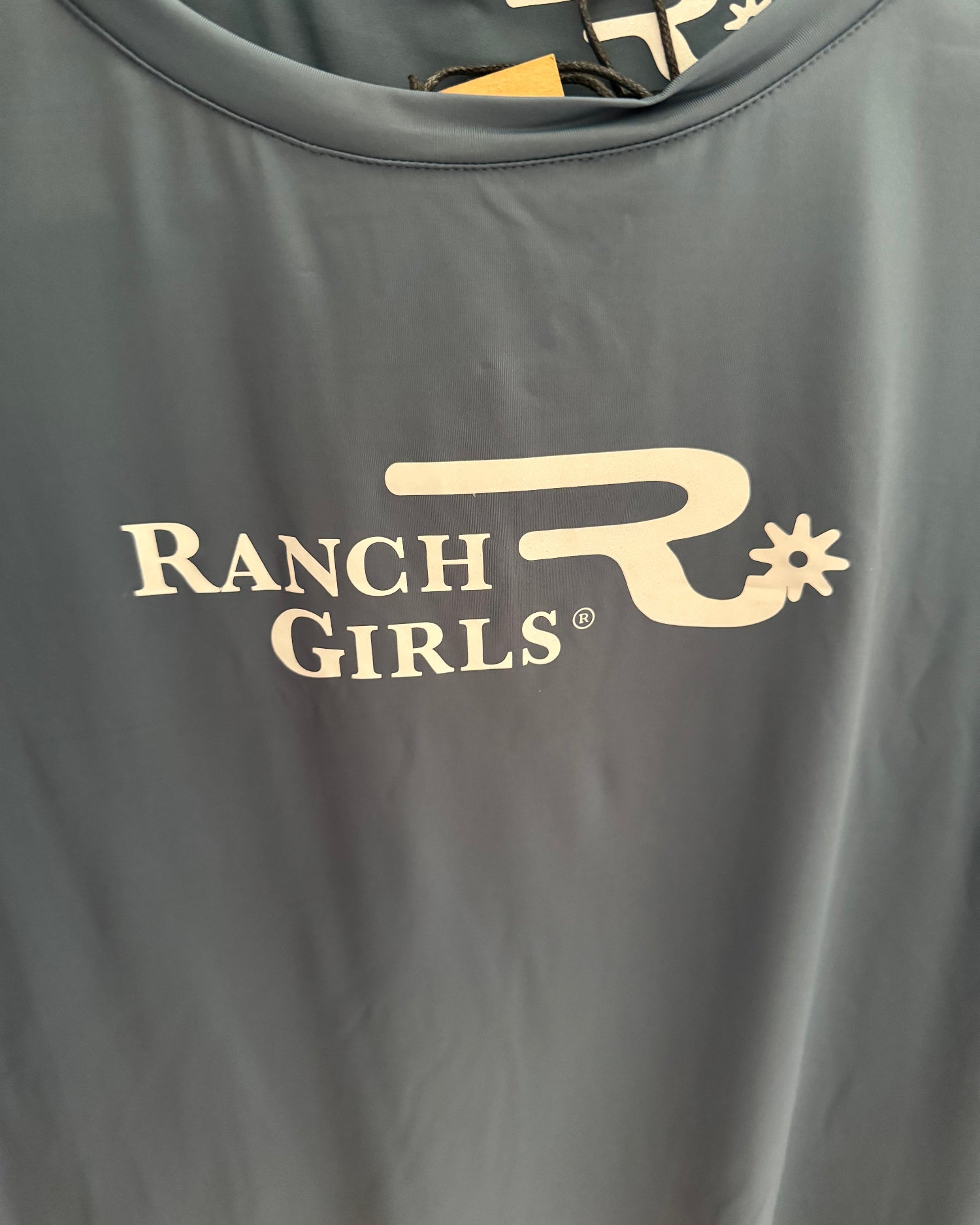 blue Gray tee with 'Ranch Girls' logo in cream on a gray background