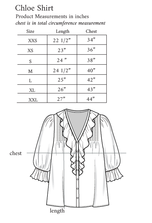 Size chart for Chloe Shirt with measurements in inches