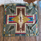 Decorative scarf with geometric pattern on a wooden surface