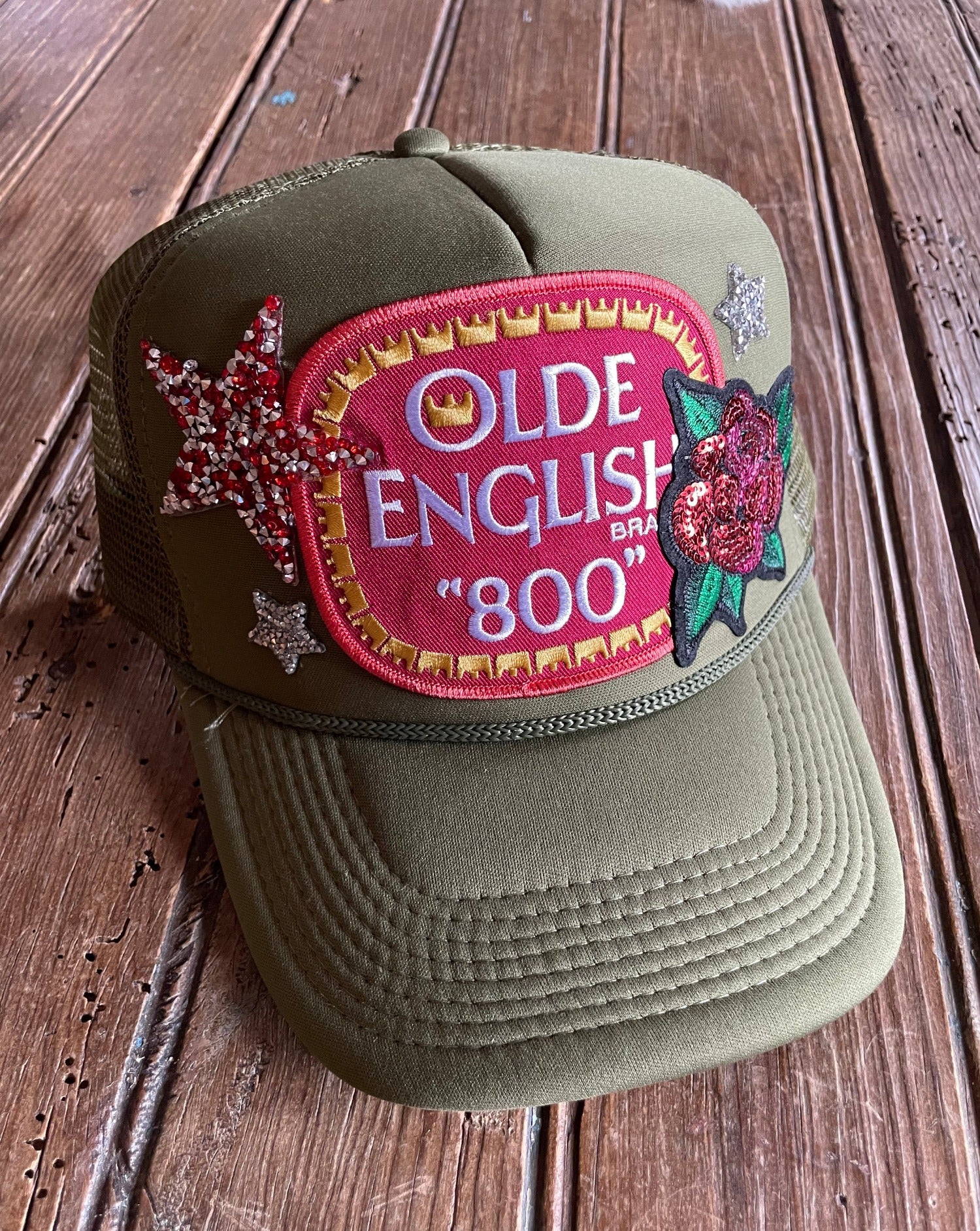 Olde English Rose Trucker hat with custom patches