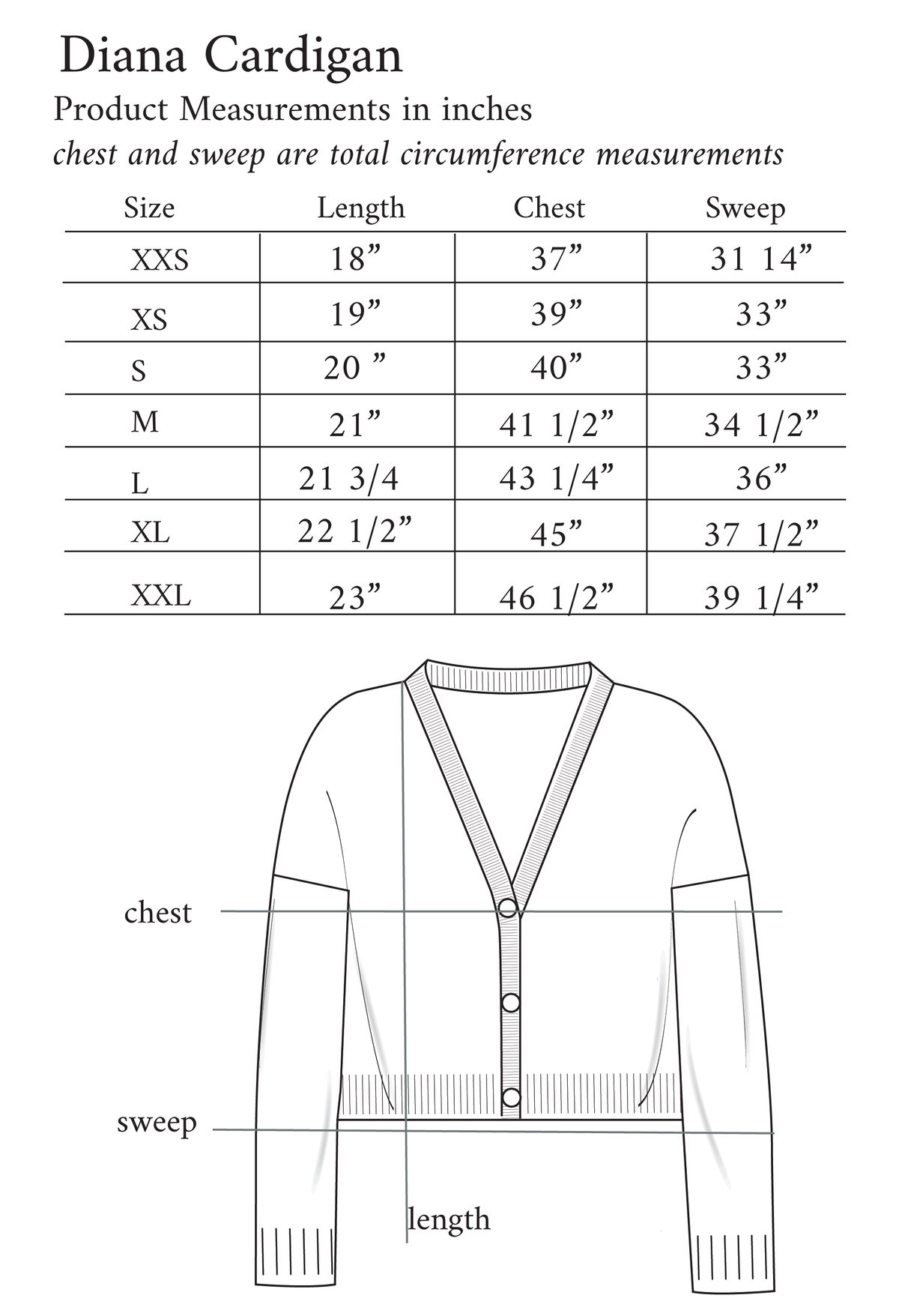Measurement chart for Diana Cardigan with size chart and diagram of cardigan