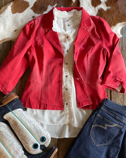 Flay lay showing red stretch denim jacket