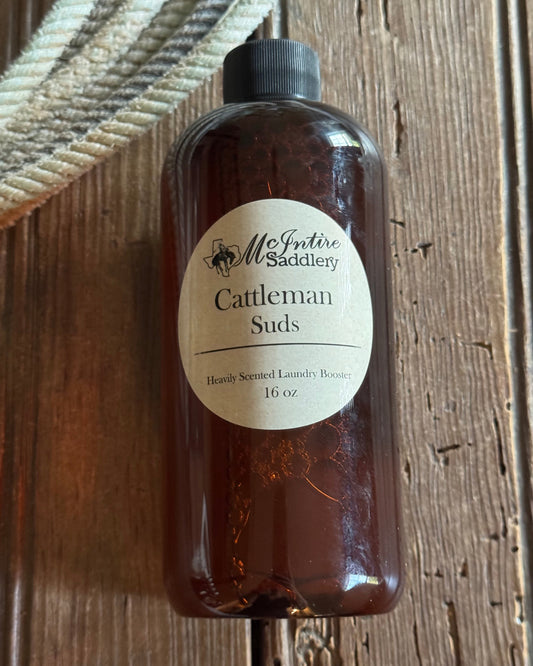 Bottle of saddle soap with a label on a wooden surface