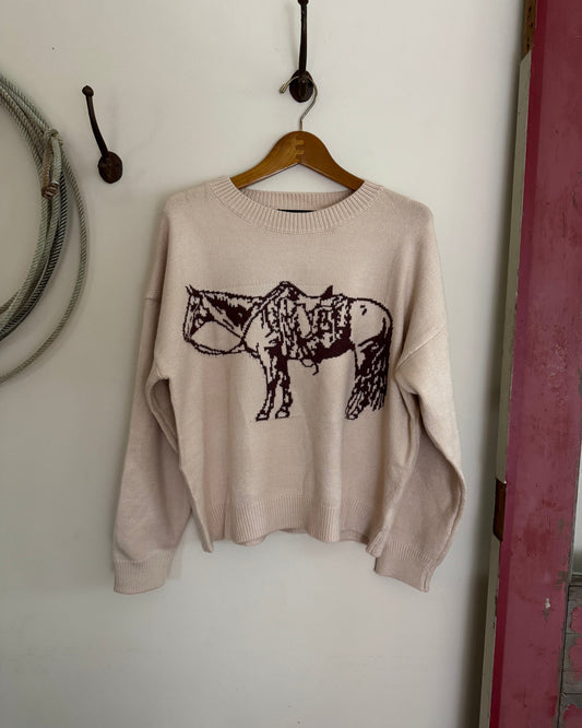 Beige sweater with a brown graphic design on a wooden hanger against a white wall.
