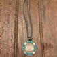 Necklace with a round pendant featuring a bull design on a wooden surface