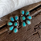 A pair of silver-toned floral stud earrings with turquoise stones, displayed on a rustic dark wood surface next to white faux fur.