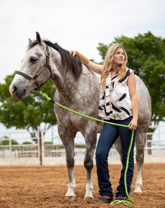 Corvallis top on model with horse