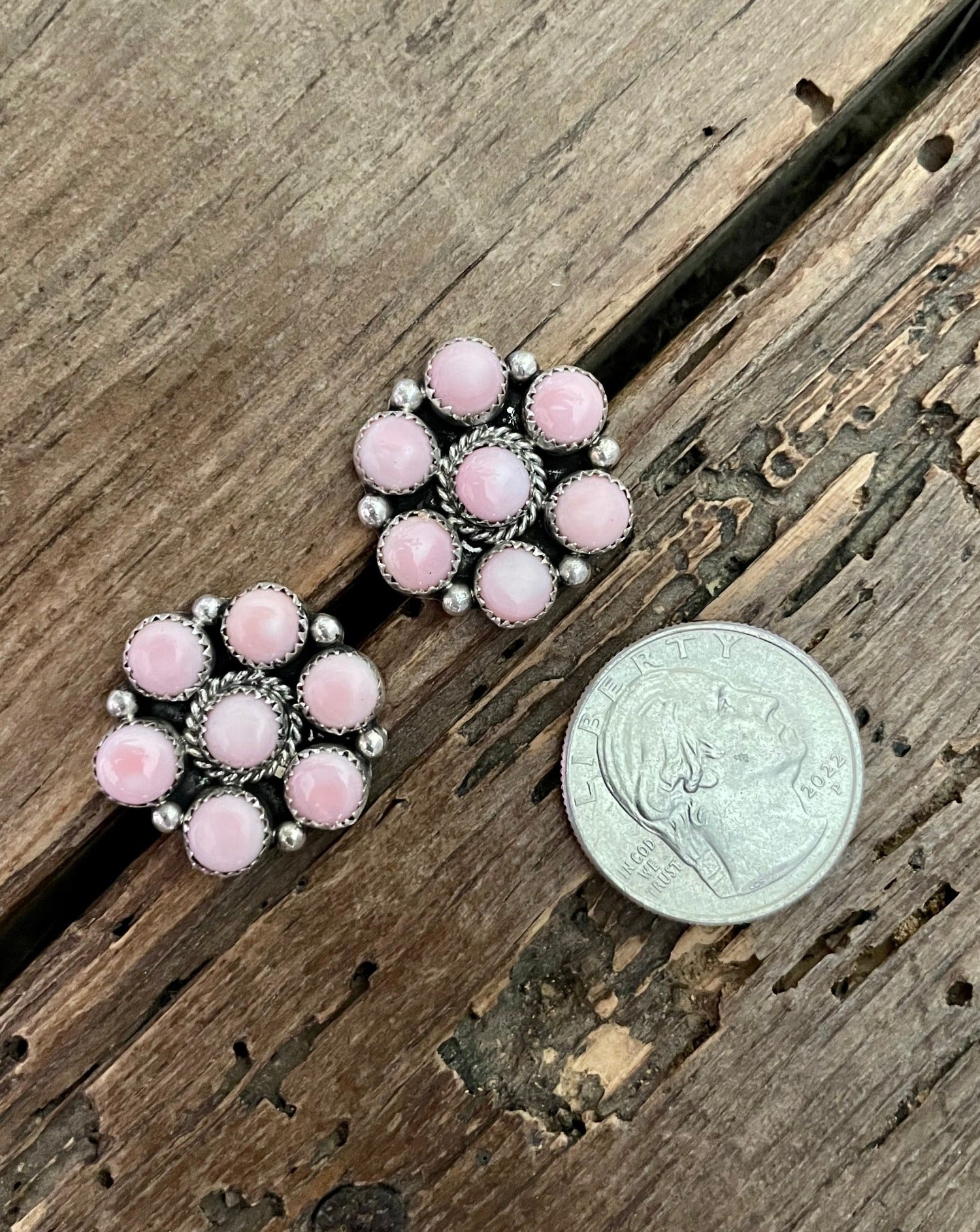 Pink conch cluster earrings with quarter for size comparison