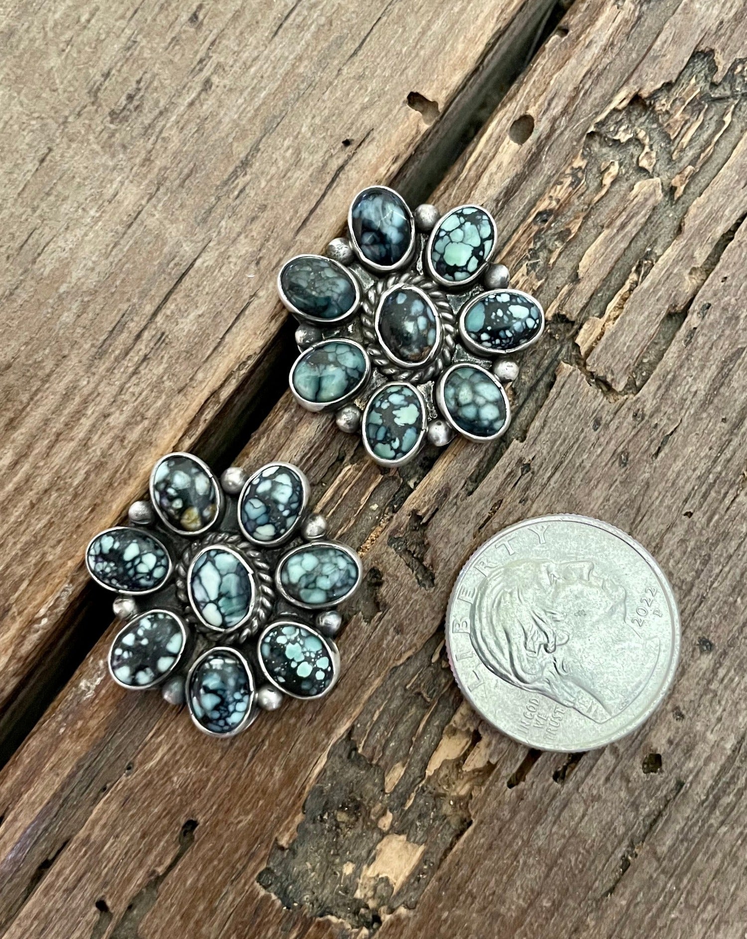 New Lander Turquoise Cluster Earrings with quarter for size comparison