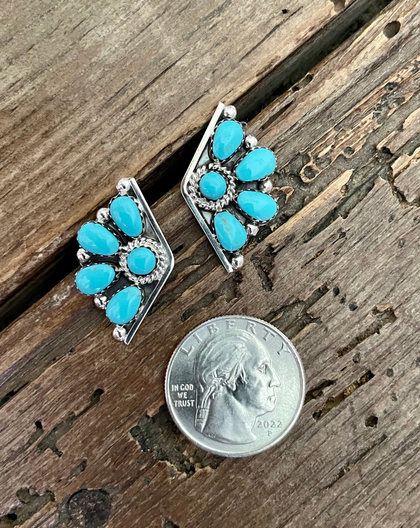 Kingman turquoise cluster earrings with quarter for size comparison