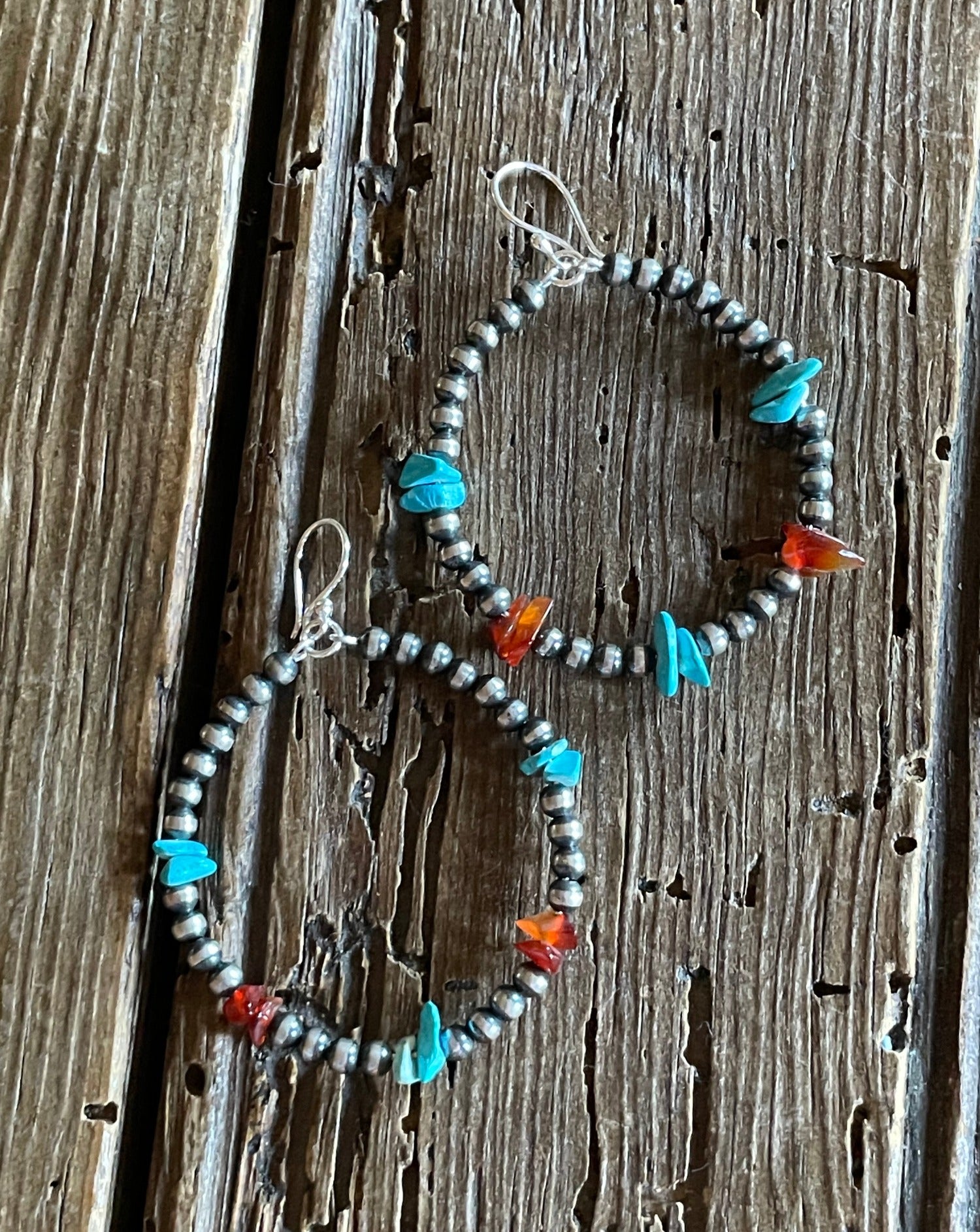 Navaho Pearl hoop earrings with Amber and Turquoise chips
