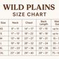 Wild Plains size chart for dog clothing with measurements and weight guides.