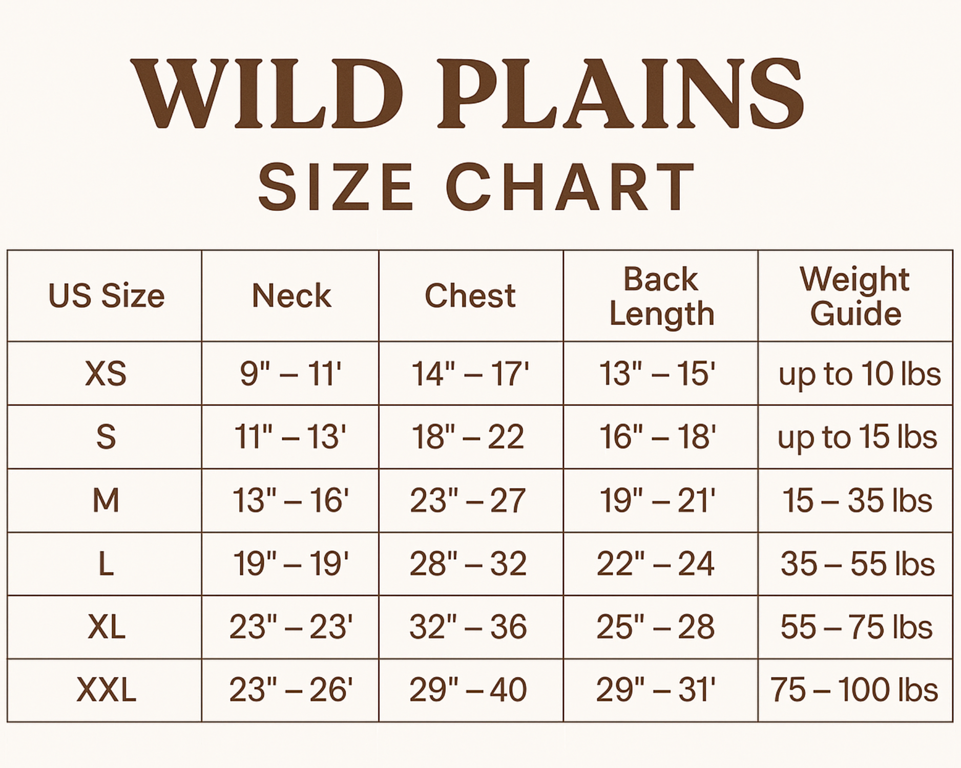Wild Plains size chart for dog clothing with measurements and weight guides.
