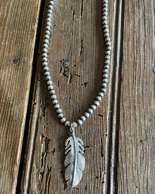 6mm Navajo Pearl Necklace with Sterling Silver Feather Pendant